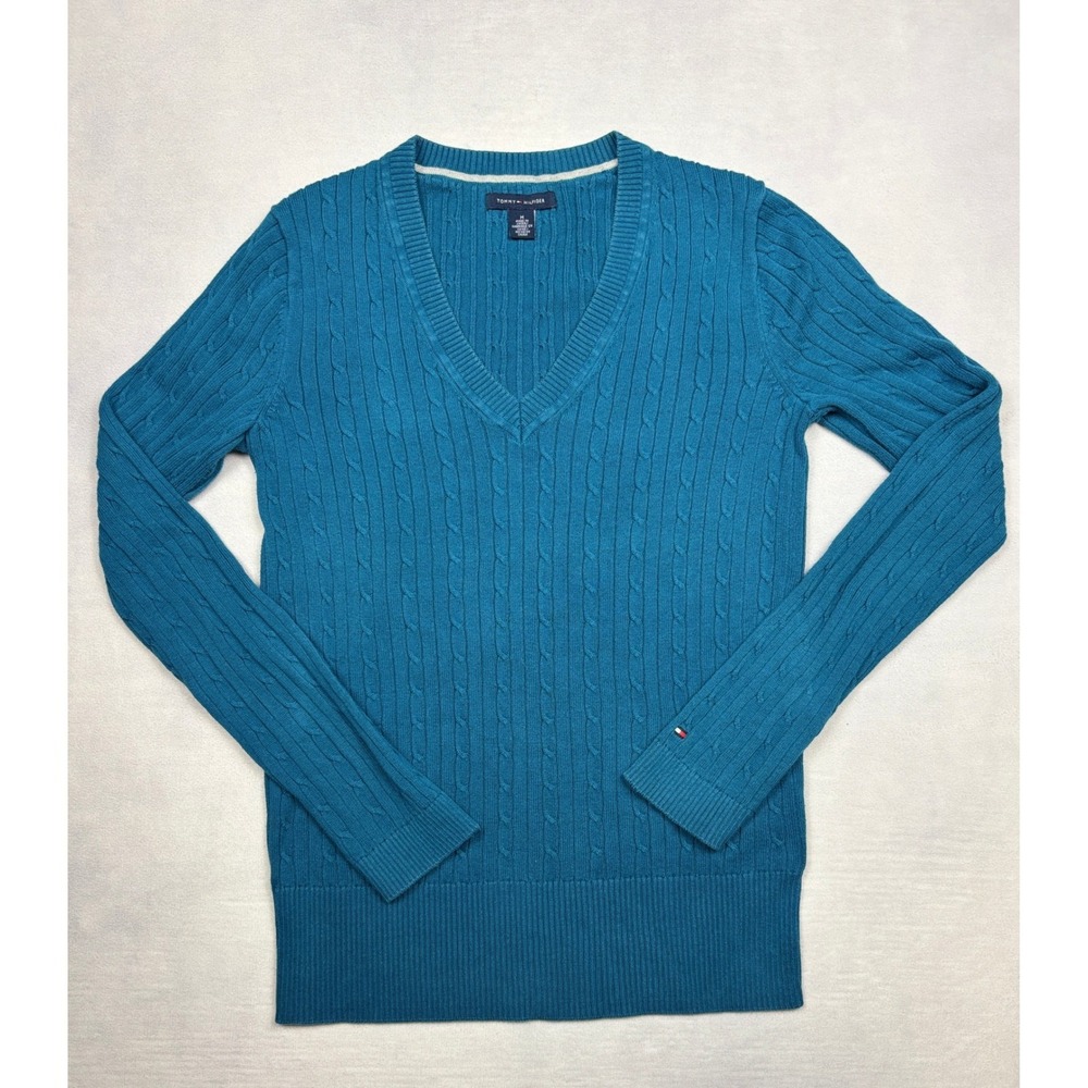 Tommy Hilfiger Womens Teal Blue Cable Knit V-Neck Cotton Sweater Size M 656551
